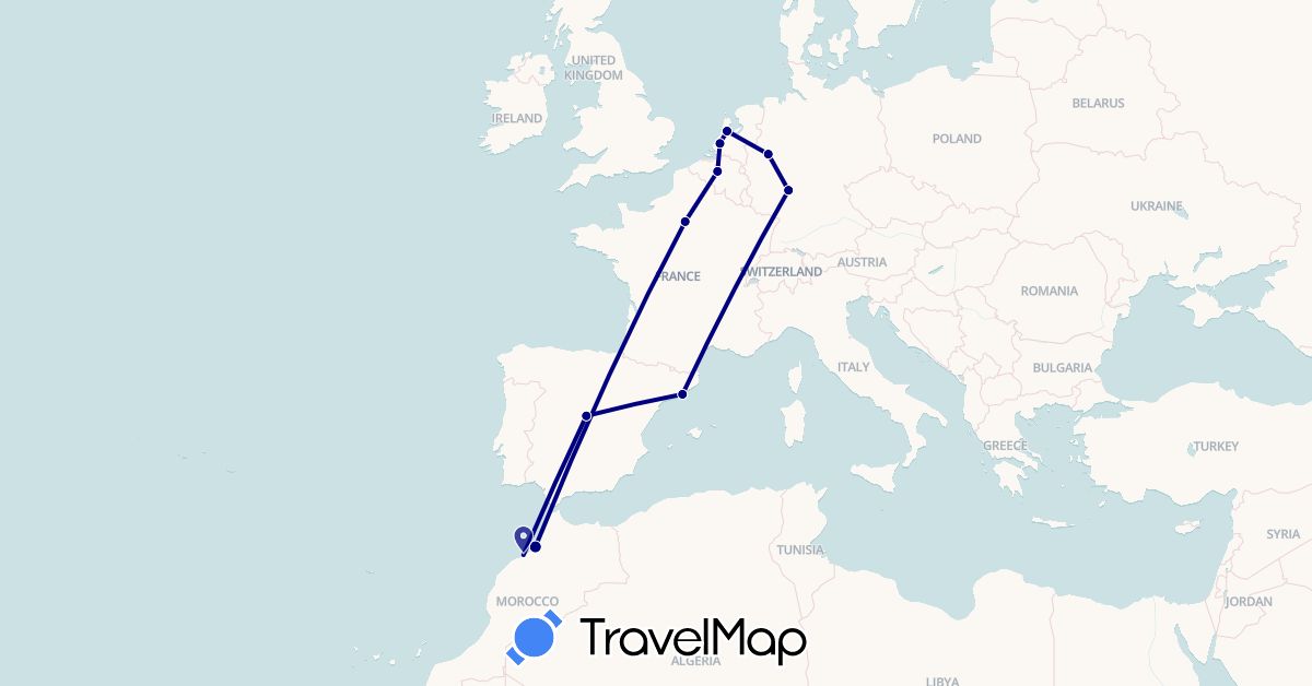 TravelMap itinerary: driving in Belgium, Germany, Spain, France, Morocco, Netherlands (Africa, Europe)